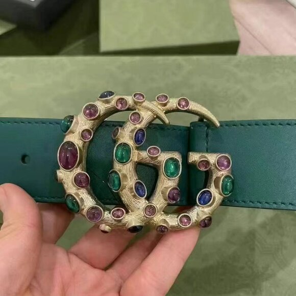 NWOT Authentic Gucci  Calfskin Ceramic Glass Double G Belt Emerald Multicolor - Picture 2 of 3